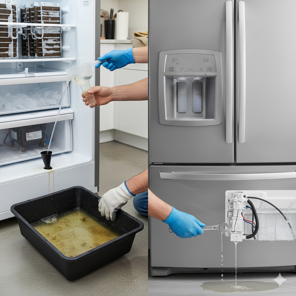 Hands pouring hot water to clear a clogged refrigerator defrost drain line, showing dirty water in the drain pan