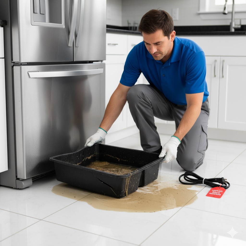 Technician removing an overflowing and cracked refrigerator drain pan from beneath a stainless steel fridge, with a puddle of dirty water on the floor