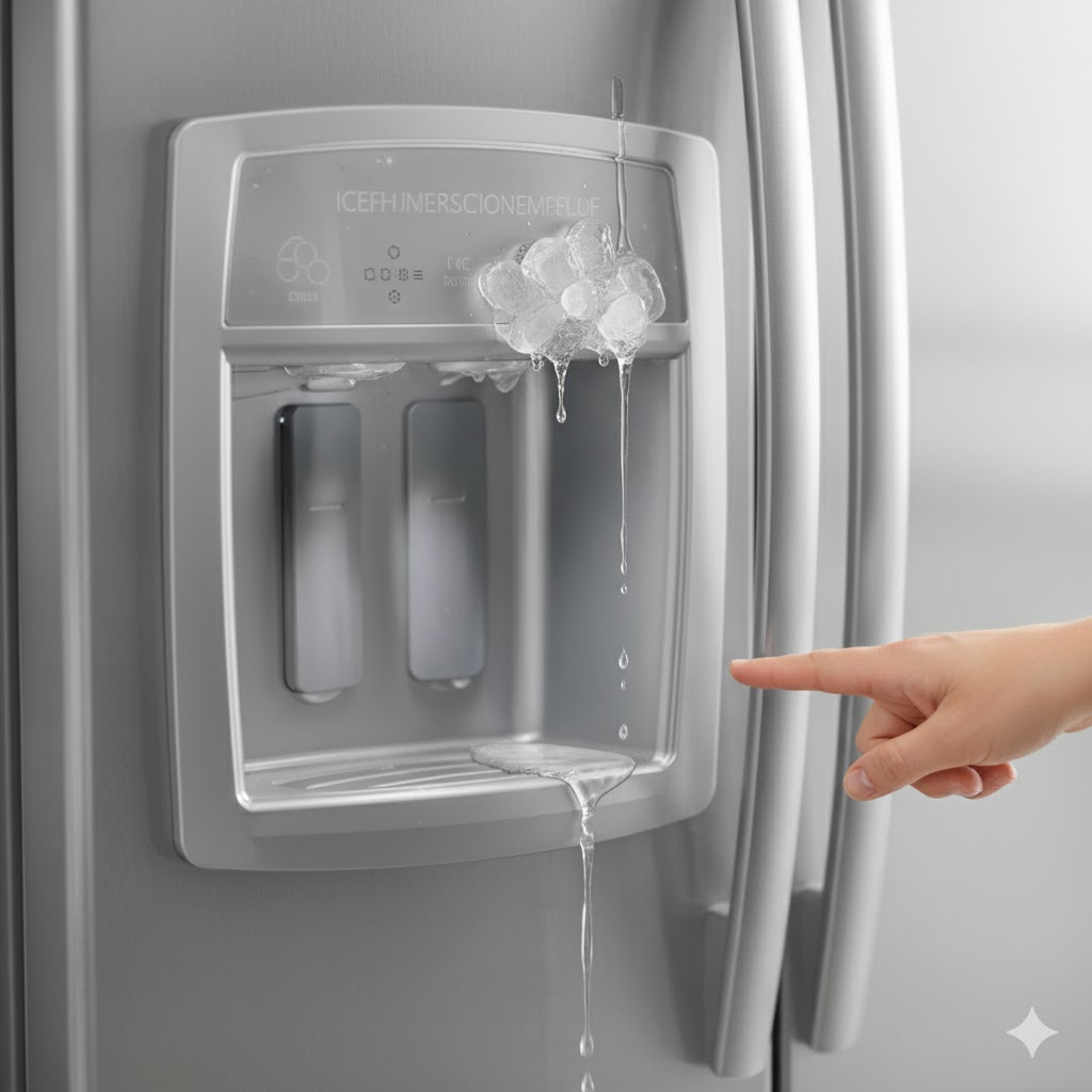 Close-up of a refrigerator's ice and water dispenser with water dripping and ice frozen around the mechanism, indicating a leak